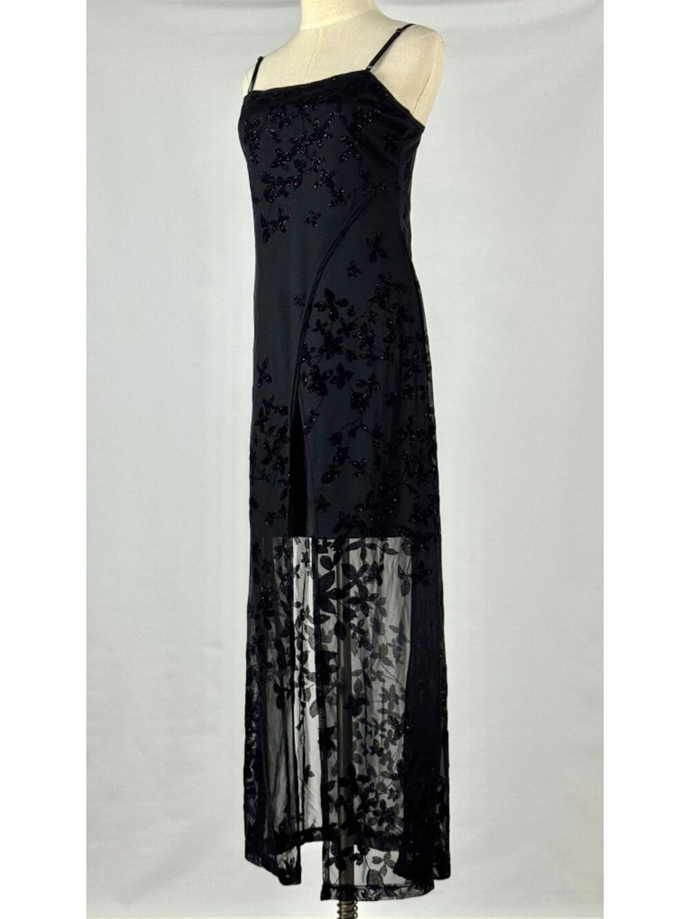 Vtg Y2K Velvet Burnout Floral Maxi Dress Sparkle Sheer Stretch Whimsigoth Witchy - Picture 4 of 9